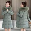 Womens Winter Thick Cotton Coat Mid-Length Solid Color With Removable Faux Fur Collar Elegant Office Style