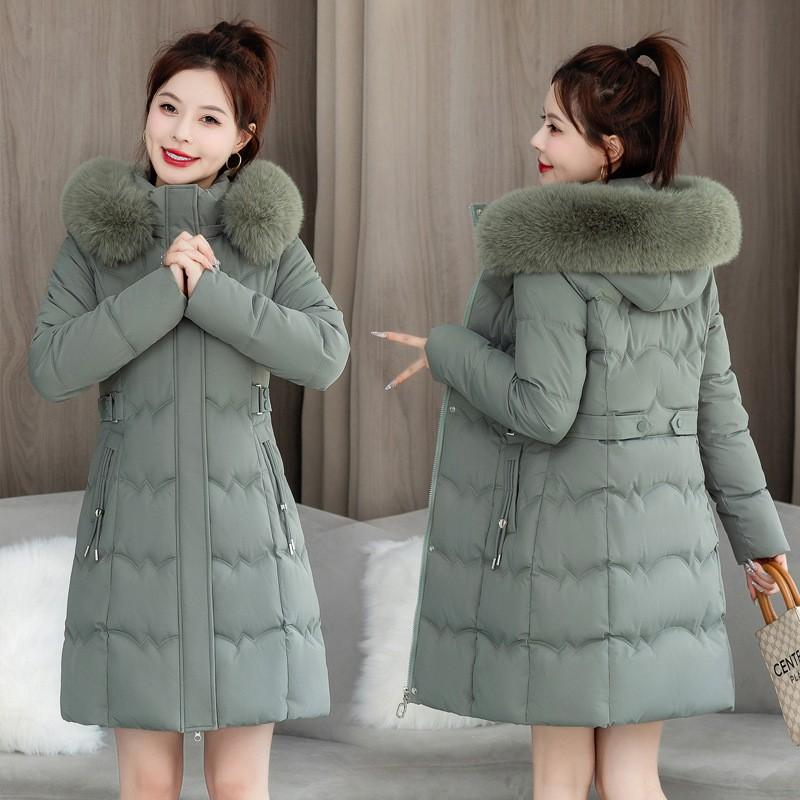 Womens Winter Thick Cotton Coat Mid-Length Solid Color With Removable Faux Fur Collar Elegant Office Style