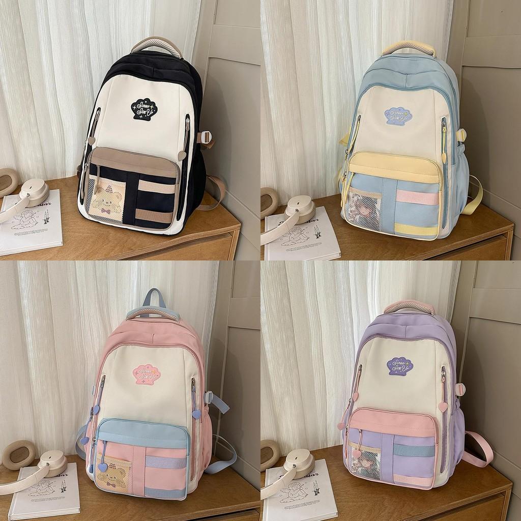 Blocked Cute Color Large Capacity Student Backpack With Pendant For Teens