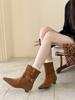 Pointed Belt Buckle Knight Boots Women's New Thick Heel Suede Western Cowboy Boots Medium Tube Stack Boots