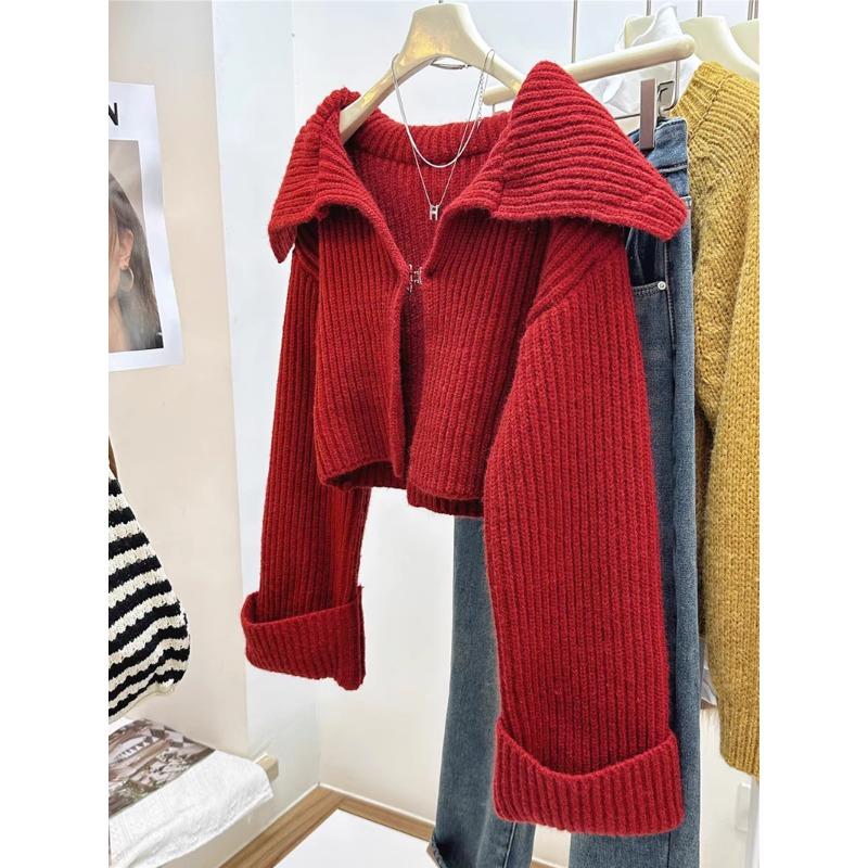 Elegant Knitted Cardigan Women Short Sweater Jacket Spring and Autumn Long Sleeve Casual Korean Fashion Lapel Coats Solid Simple Office Clothes