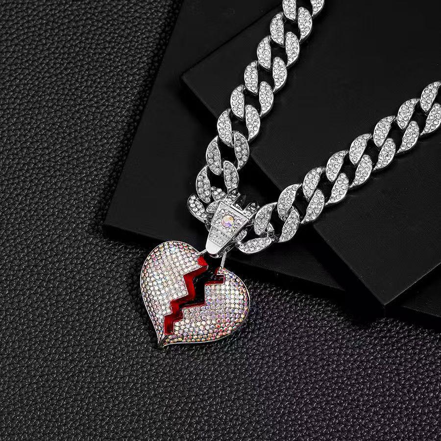 Men's Cuban Chain Hip Hop Necklace with Heart Pendant and Rhinestone Details