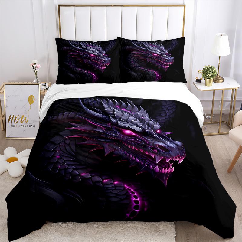 3pcs Fiery Purple Dragon Printed Quilt Set - Includes 1 Quilt Cover and 2 Pillowcases, Machine Washable - Suitable for All Seasons.H035
