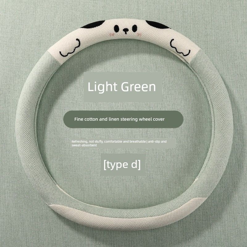 

Car Steering Wheel Cover for All Seasons, Cartoon Cute Car Summer Breathable Hemp Cover, Sweat-Absorbent Anti-Slip Protective Cover Light Green [D Type]