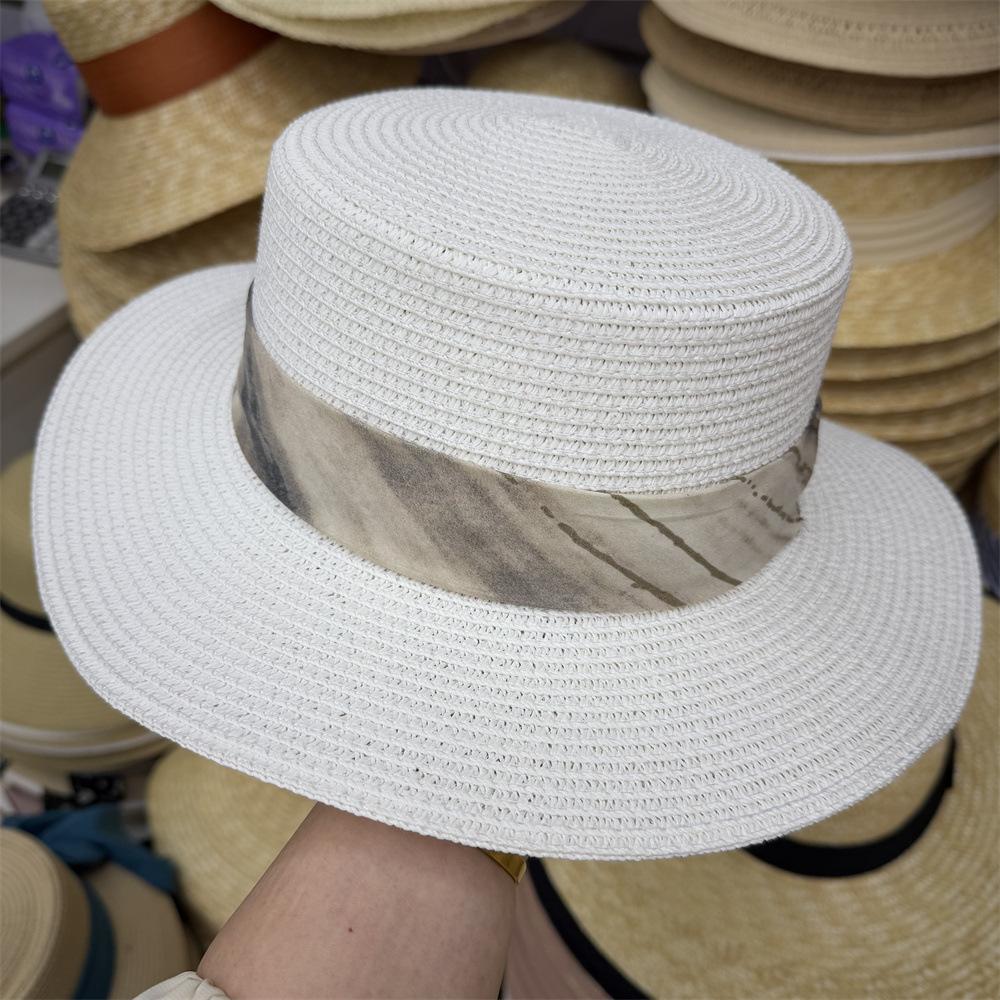 Ink wind webbing flat top straw hat women's summer sunshade travel versatile vacation top hat sun protection hat seaside