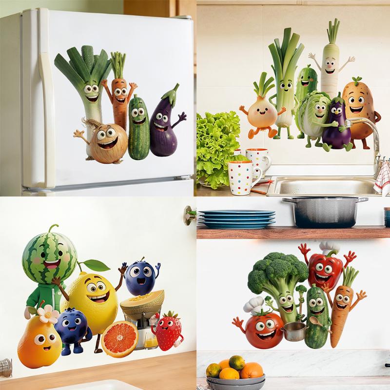 Charming Vegetable Wall Stickers with Expressive Faces for Home Decoration PVC Self-Adhesive Finish
