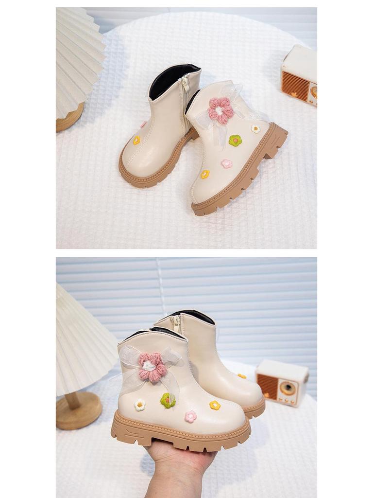 Beige Princess Ankle Boots for Girls - Soft Sole Leather, Non-Slip, 2025 New Style