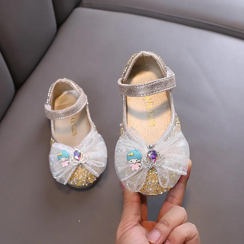 

Весенне-осенние детские кожаные туфли, неглубокие повседневные балетки для девочек, модные милые с бантиком, детские туфли с пайетками для принцесс, новые 21 золотой