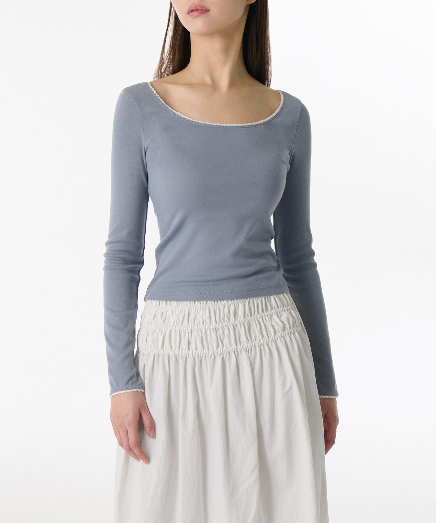 Musinsa Standard Woman Lace Trim Ballerina Long Sleeve T-Shirt [Blue Grey] Blue Gray/S