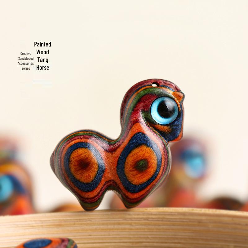 Hand-Painted Sandalwood Tang Horse Pendant Keychain Accessory