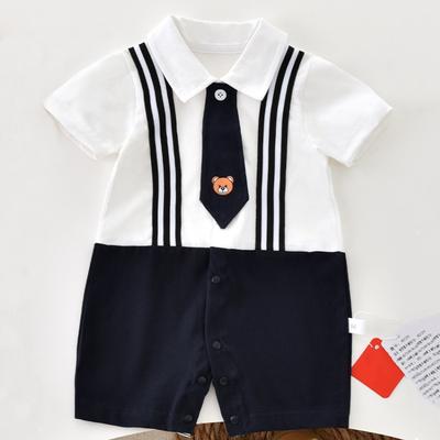 Summer Baby Boy Girls Gentleman Romper With Bowtie Vintage Baby Clothes Bear Cartoon Jumpsuit Birthday Party Outfit