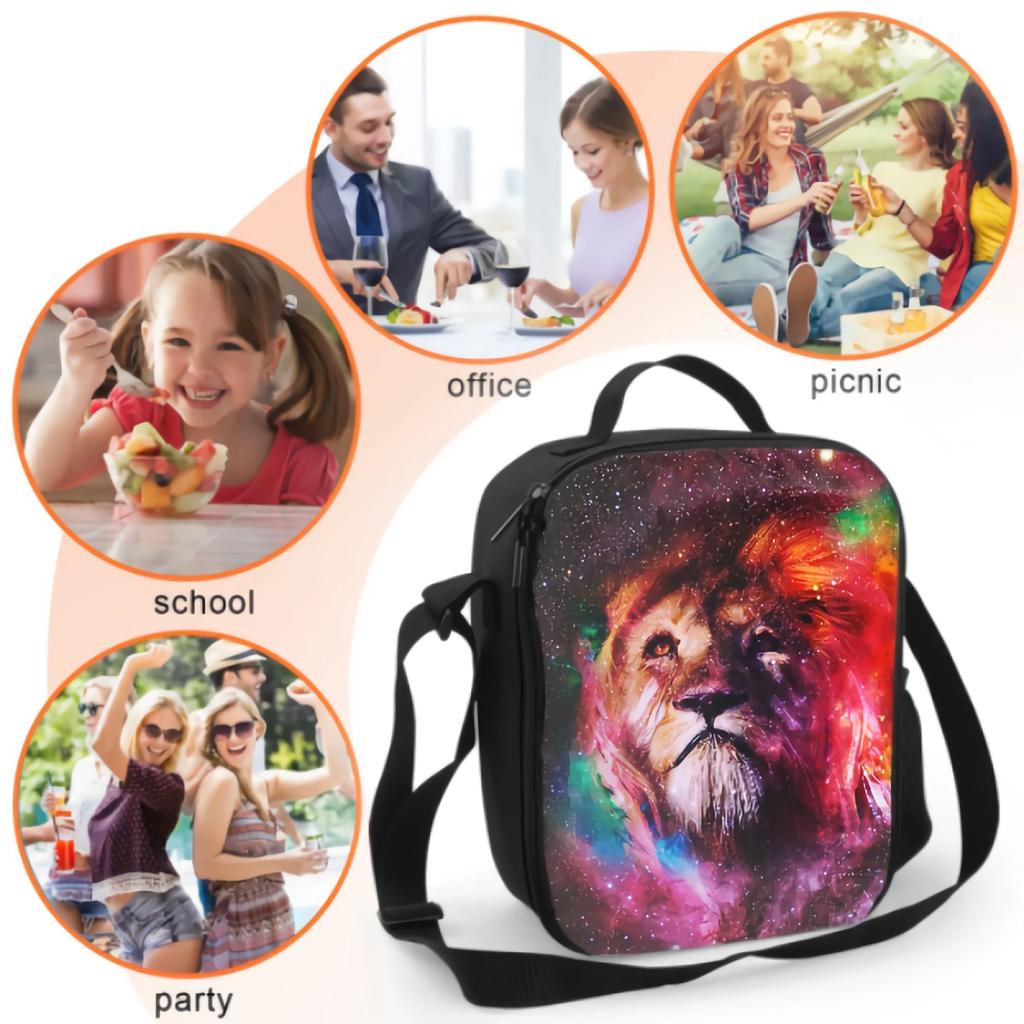 Galaxy Lion Insulated Lunch Box for Kids Leakproof Portable Lunch Bags with Adjustable Shoulder Strap Reusable Cooler Tote Bag