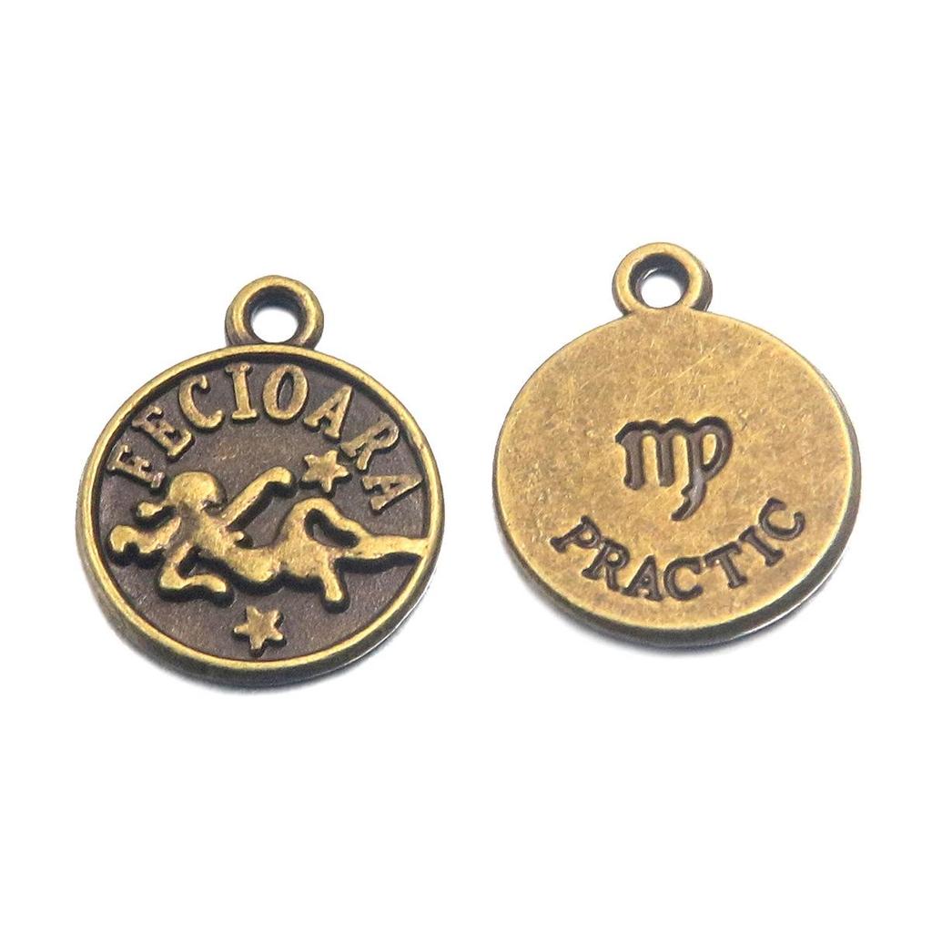 12x15mm Round Zodiac Constellation Pendant: Retro Symbol Alloy Jewelry for DIY Bracelets & Keychains