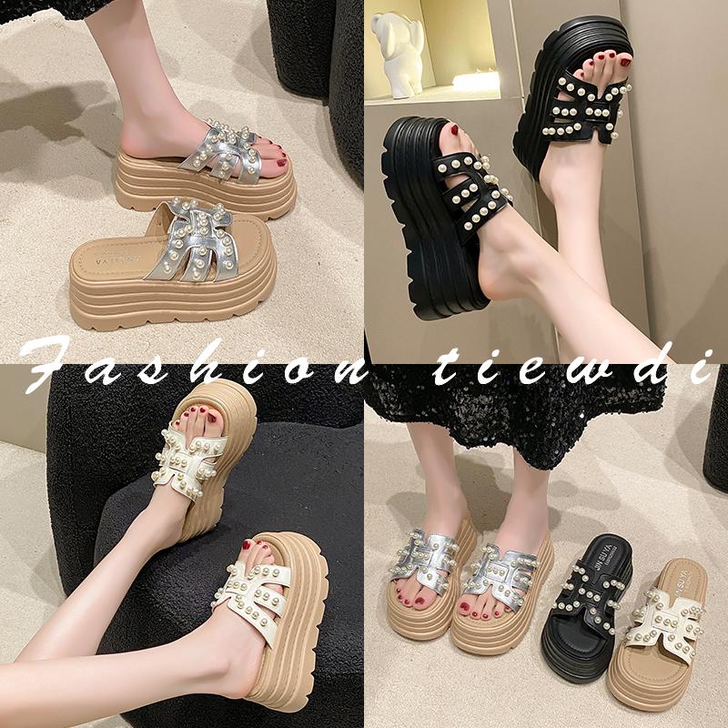 Mode 8CM Sommer Casual High Platform Sandalen Damen Mode Schwarz Hausschuhe Dicke Sohle Perle Sandalen Frau Klobige Strandschuhe Mujer