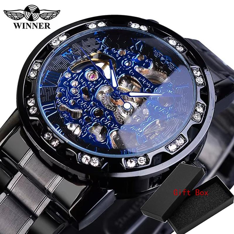 Fashion Winner Top Brand Luxury Men Transparent Diamond Luminou Smovement Male Mechanical Skeleton Royal Design Wrist Watch