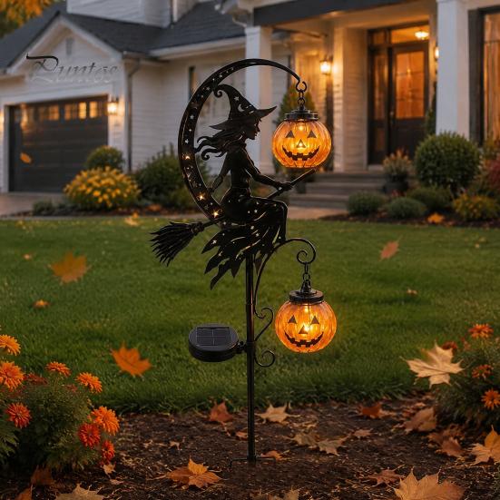 Unique Halloween Yard Lights Solar Powered Witch Pumpkin Ground Stake Light, Metal Broom Moon Party Lawn Decor Statue Outdoor Sculpture for