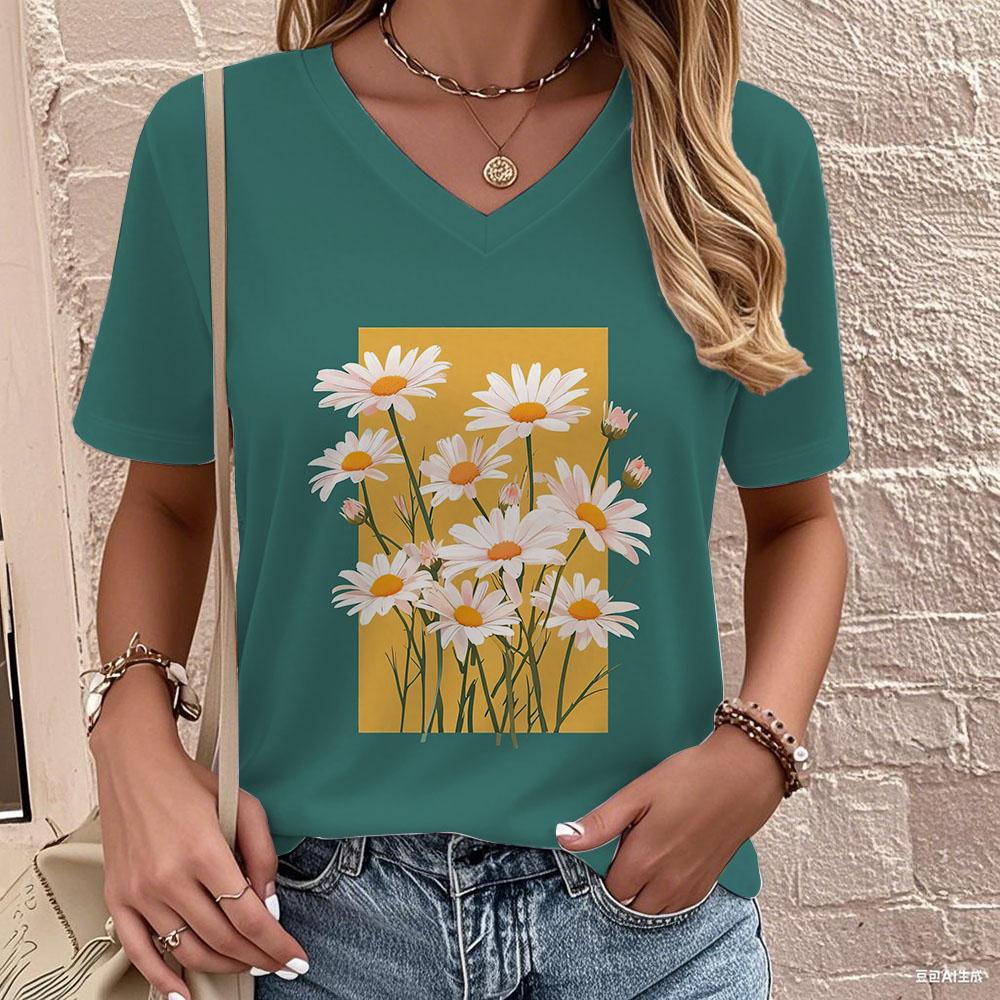 Women's Printed V-neck T-shirt, Summer Casual Urban Fashion Large-sized Women's Wear with Short Sleeves