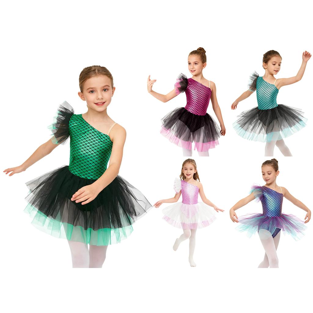 Girls Ballerina Tutu Dress One Shoulder Sleeveless Mermaid Fish Scales Print Camisole Leotard Halloween Dance Costume