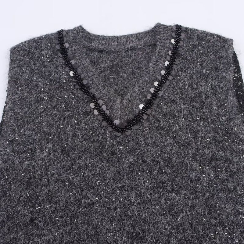 Kaslead New Women Clothes Western Style Simple and Versatile Sequined Neckline Decoration Knit Vest