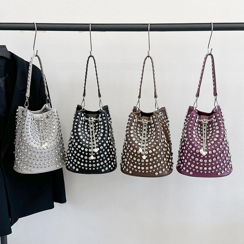 Retro Small Rivets PU Leather Shoulder Bag for Women 2025 Punk Style Bucket Handbags and Purses Females Crossbody Bags