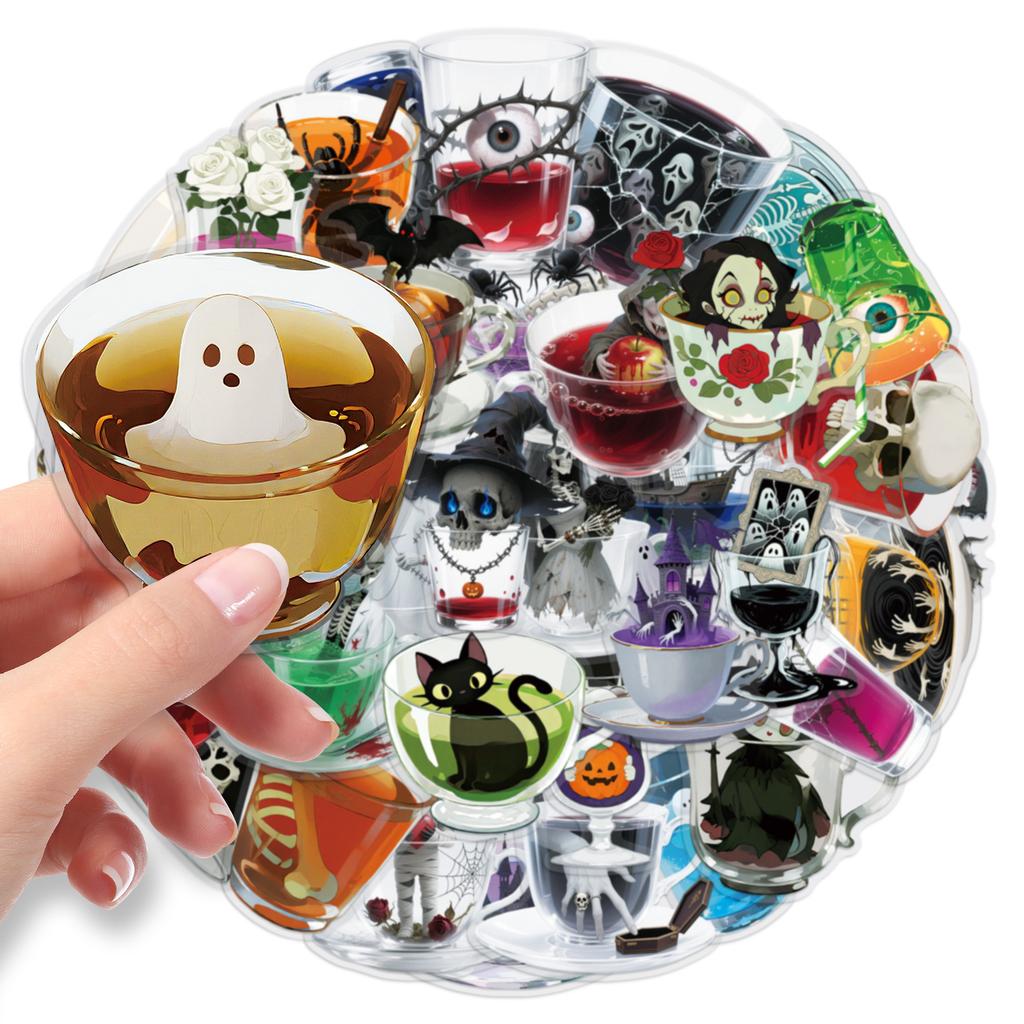 50 Transparent and Bizarre Teacup Stickers, Halloween Horror Ghost Skull Waterproof Decorative Stickers