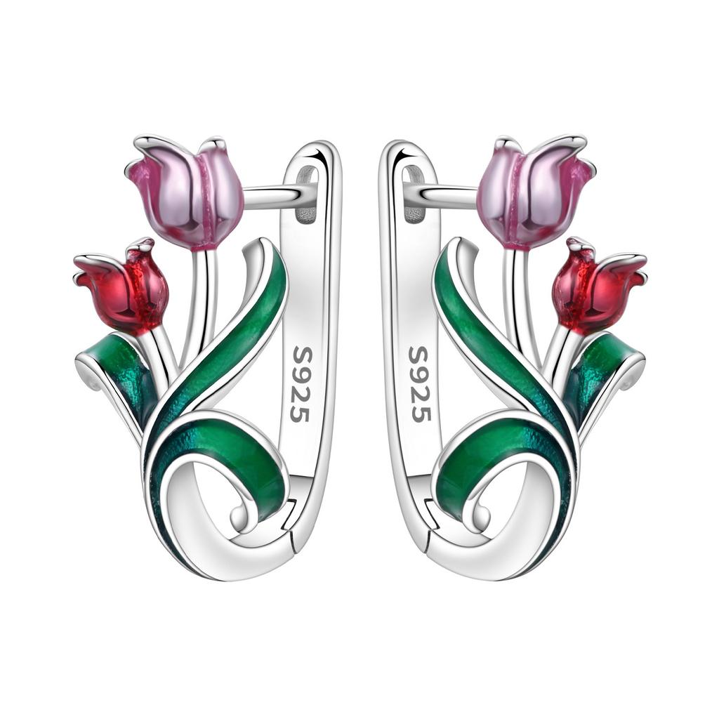 Original NEW S925 Silver Pink Purple Flowers Plants leaf Series Earring Hoop Earrings Women Jewelry Party Gifts