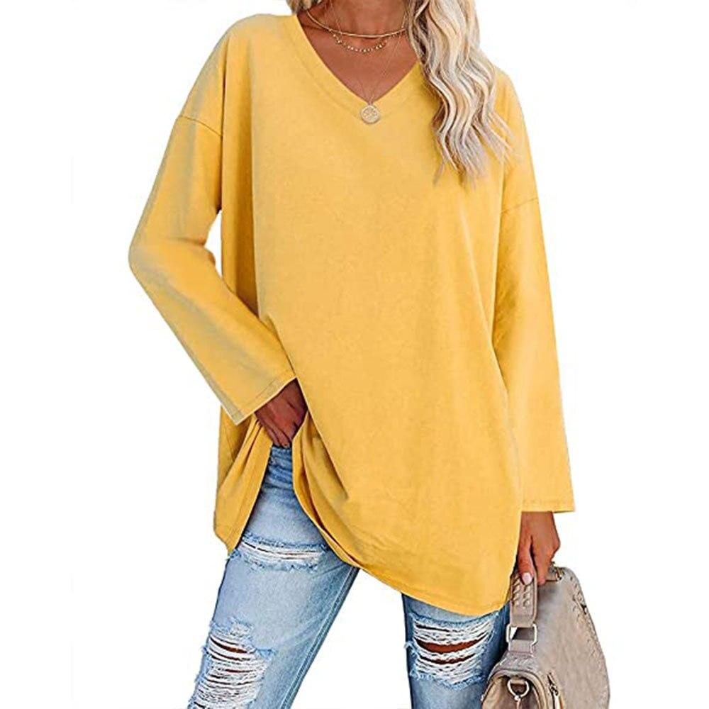 V-ausschnitt Langarm T-shirt Casual Tops Lose Baumwolle Hemd 2022 Frauen Einfarbig Weibliche Kleidung Blusas Ropa Mujer 23464