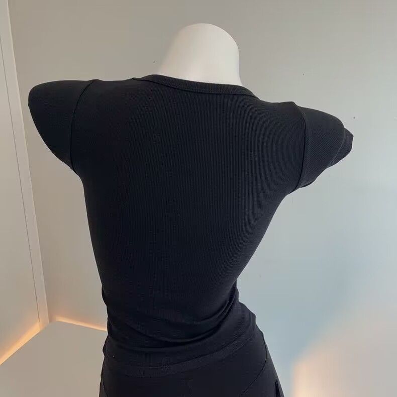 Slim Fit BM Style Threaded Large U-neck for Slimming and Breathable Solid Color Short Sleeves