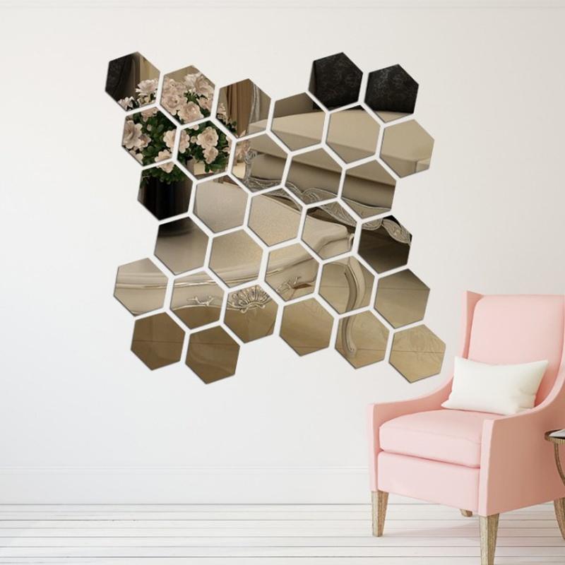 12 Geometric 3D Hexagon Mirror Wall Sticker Home Decor Enlarge Living Room Removable Safety 3 Sizes DIY Wall Stickers