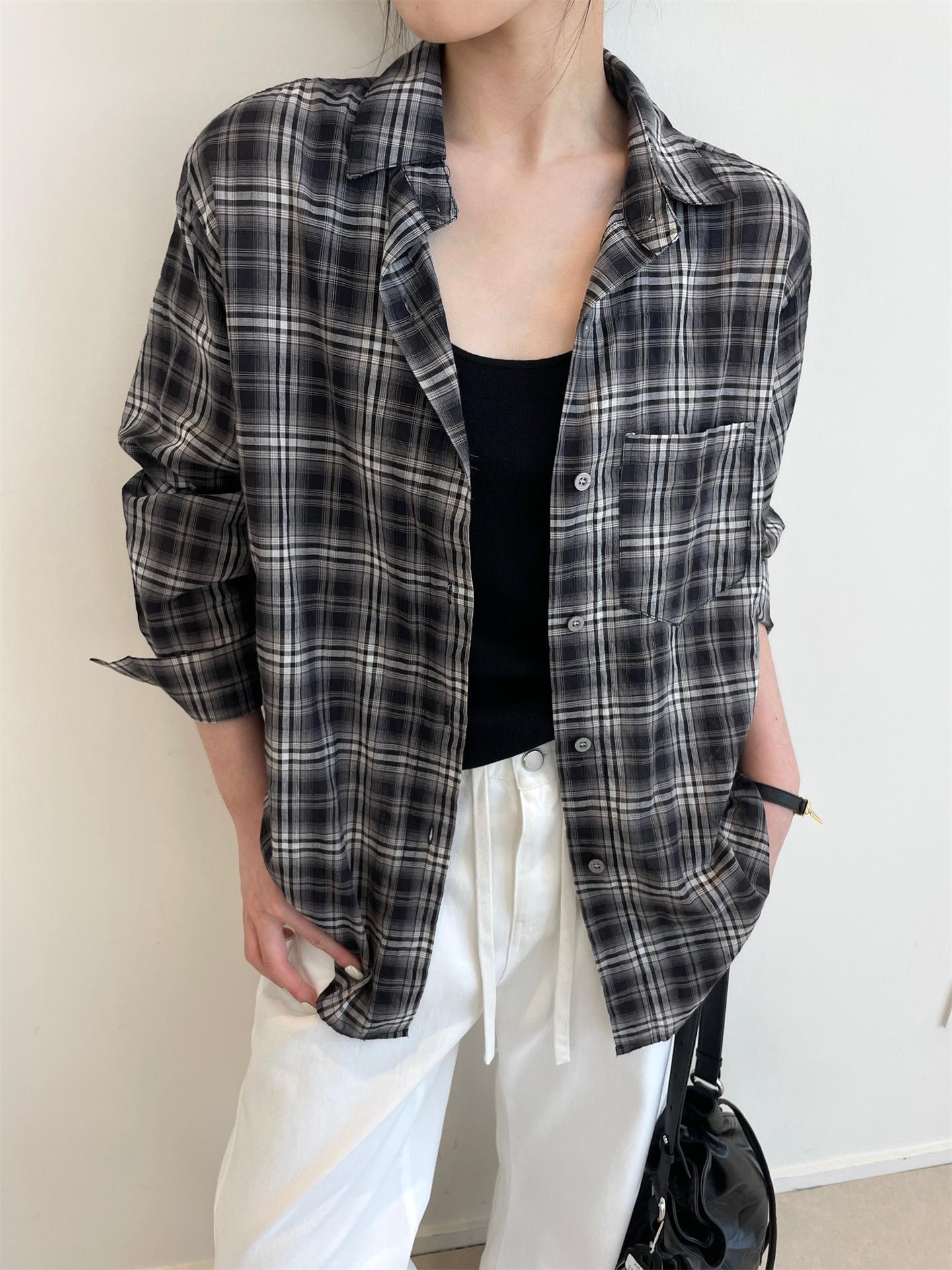 

Nan Yu 100% Cotton Plaid Loose Long Sleeve Sun Protection Shirt for Women - Early Autumn 2025 Collection One Size