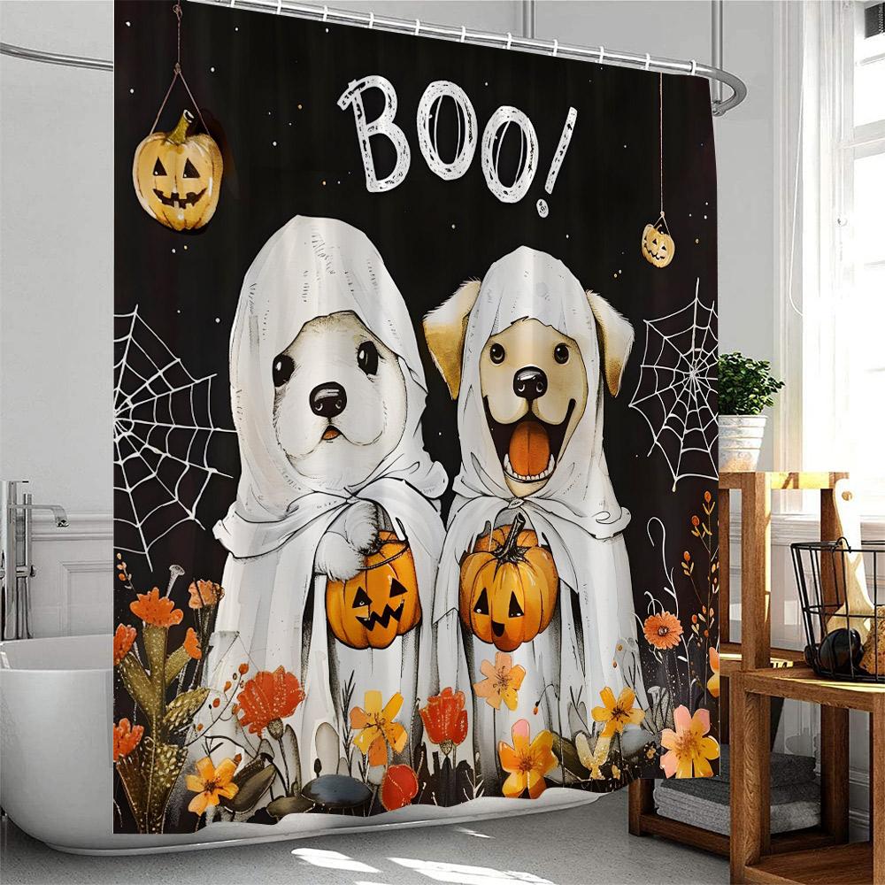 

Halloween Shower Curtain Dogs Funny Skeleton Pumpkin Lantern Modern Bathroom Decor Polyester Fabric Bath Curtain with Hooks 90x180cm-35x70in