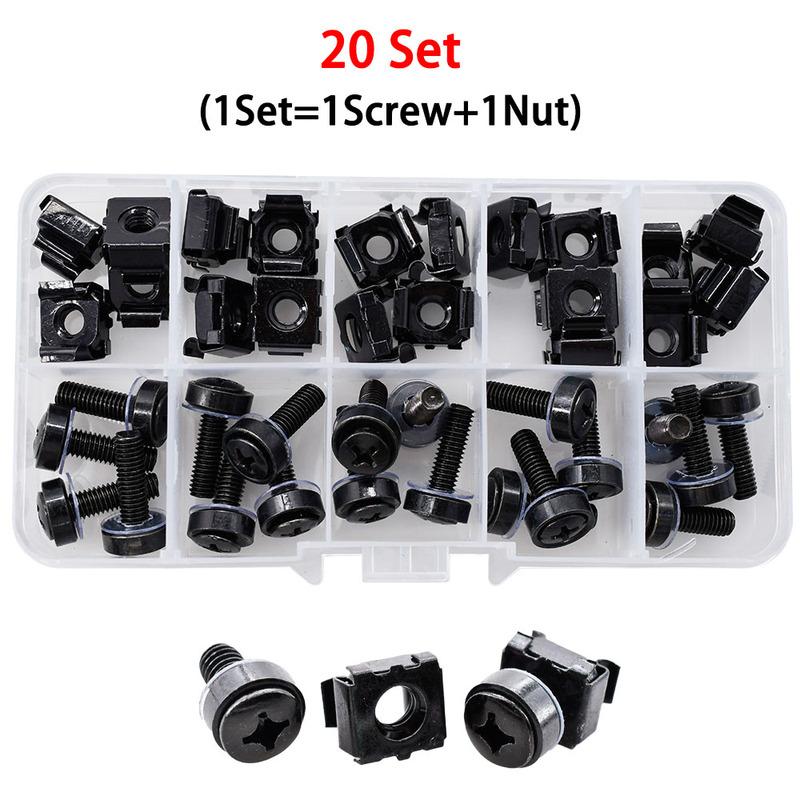 M6x16mm M6x20mm Black Carbon Steel Screw Nut Set For Rack Mount Server Cabinet Shelves Phillips Bolt Cage Nuts Kit 20Set M5 M6
