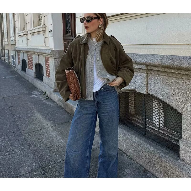 Women's Spring Clothing Pleated Decorative Lapel Long Sleeves Suede Texture Pilot Jacket Outwear 4344155