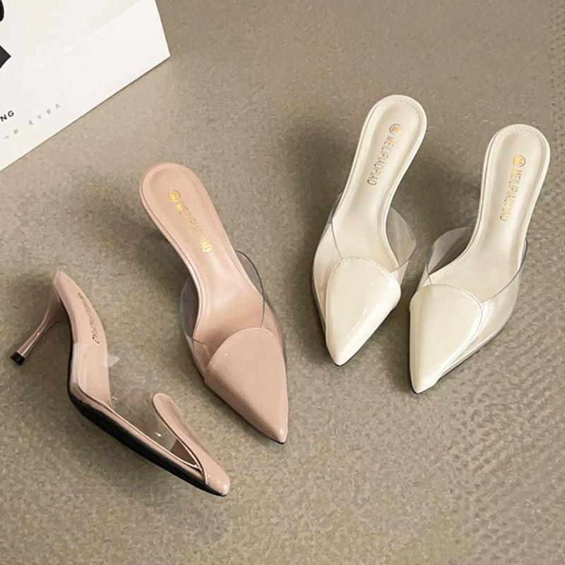 Fashion Transparent PVC Design Brand Slippers Women High Quality Patent Leather Thin Heel Slide Sandals Comfort Tacones Mujer Elegantes