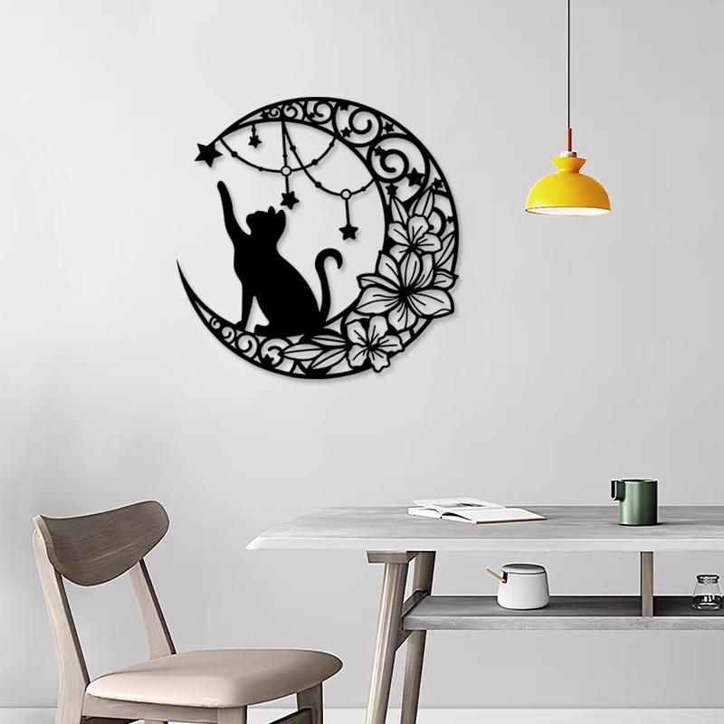 Wrought Iron Moon & Black Cat Silhouette Wall Ornament