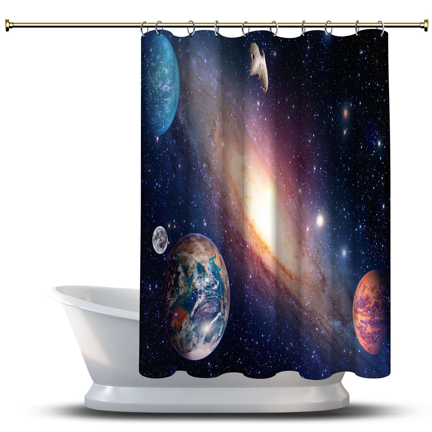 

Занавеска для душа с космическим рисунком / Водонепроницаемая для украшений вашей ванной комнаты - Многомерная Земля, Луна и Солнечная система
