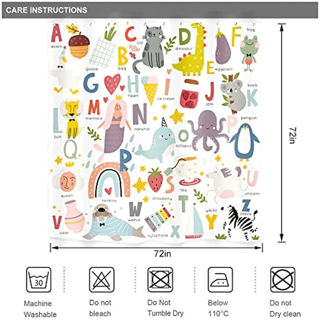Kids Alphabet Shower Curtains For Bathroom Decor Abc Educational Learning Tool Baby Cartoon Animals Colorful Girls Boys Printed