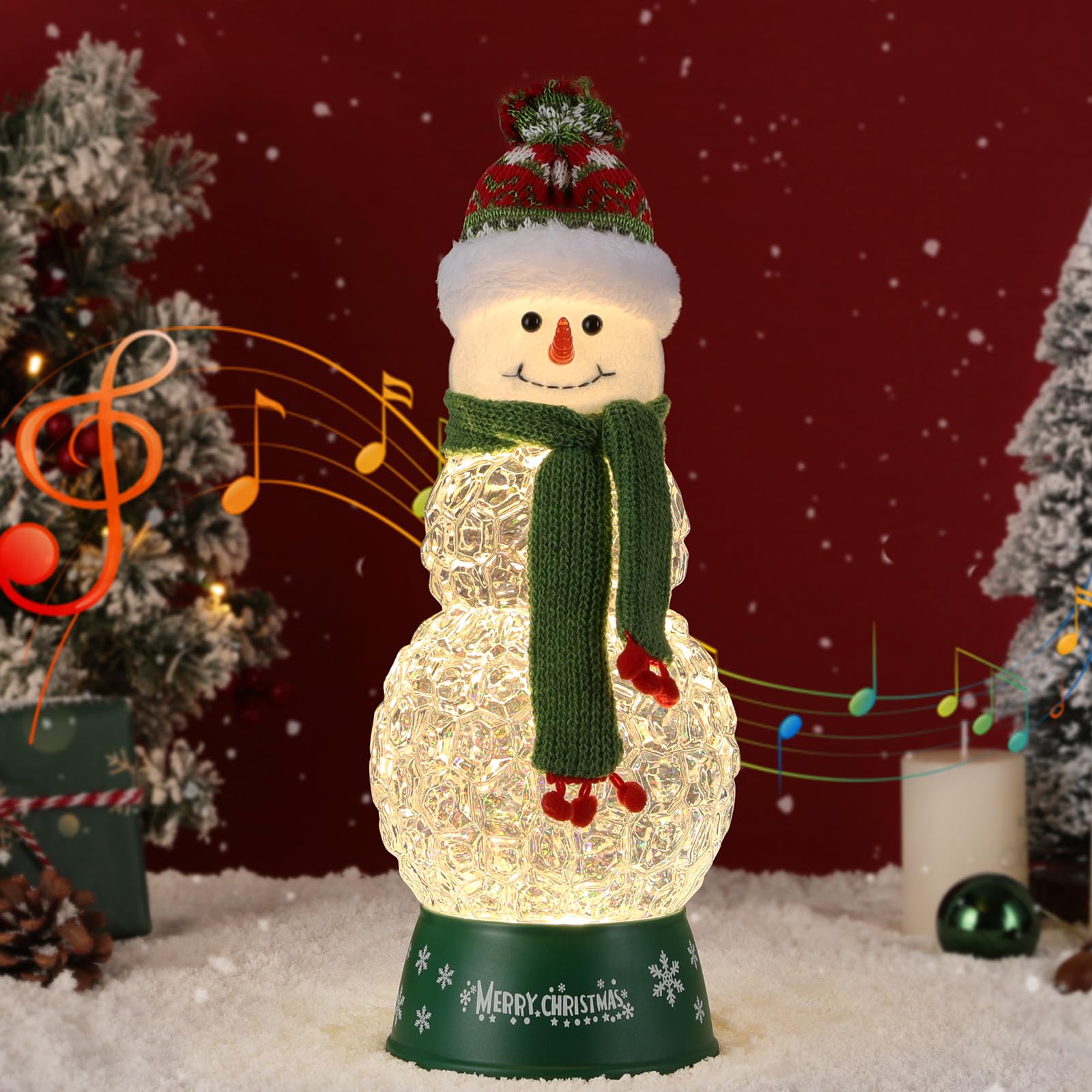 

Lewondr Christmas Snow Globe with Automatic 8 Christmas Automatic Christmas Decorative Snowman with Green Clear Built-in Lights, Timer, Songs, Loop,