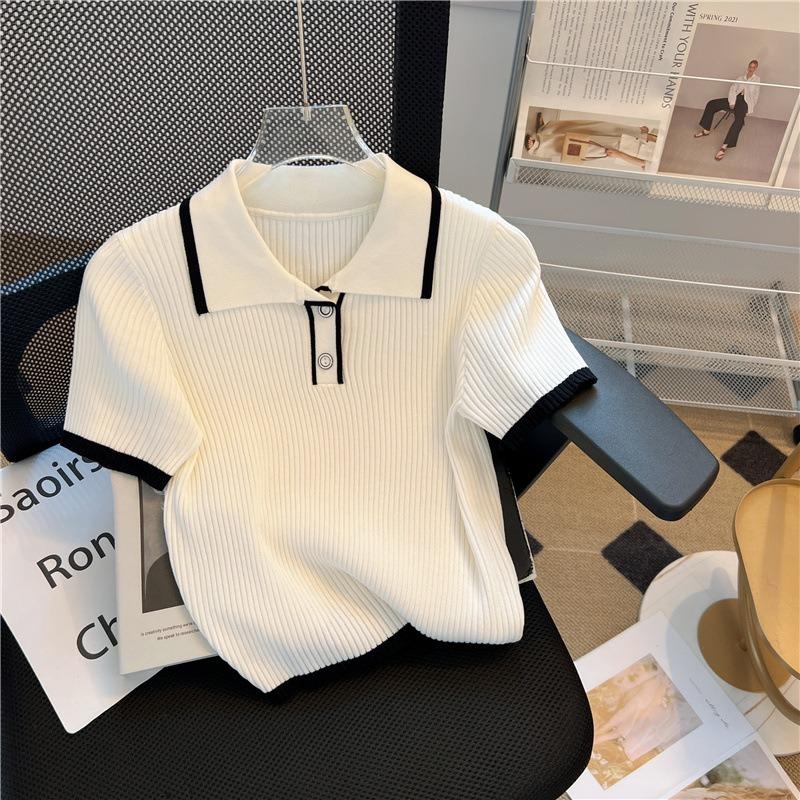 New Knitted Short Sleeve Women Blouse Summer Lapel Loose Slim Fit Ice Silk Shirt Pullover Sweater Casual Simple Sweet Tops Elegant Fashion Clothing