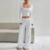 Women's Striped 2 Piece Outfits Long Sleeve Square Neck Cropped Top Drawstring Wide Leg Pants Set Casual Lounge Sweatsuits