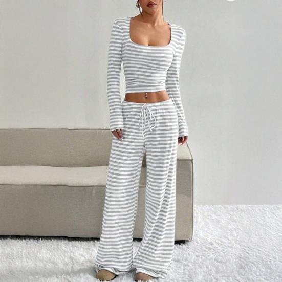 Women's Striped 2 Piece Outfits Long Sleeve Square Neck Cropped Top Drawstring Wide Leg Pants Set Casual Lounge Sweatsuits
