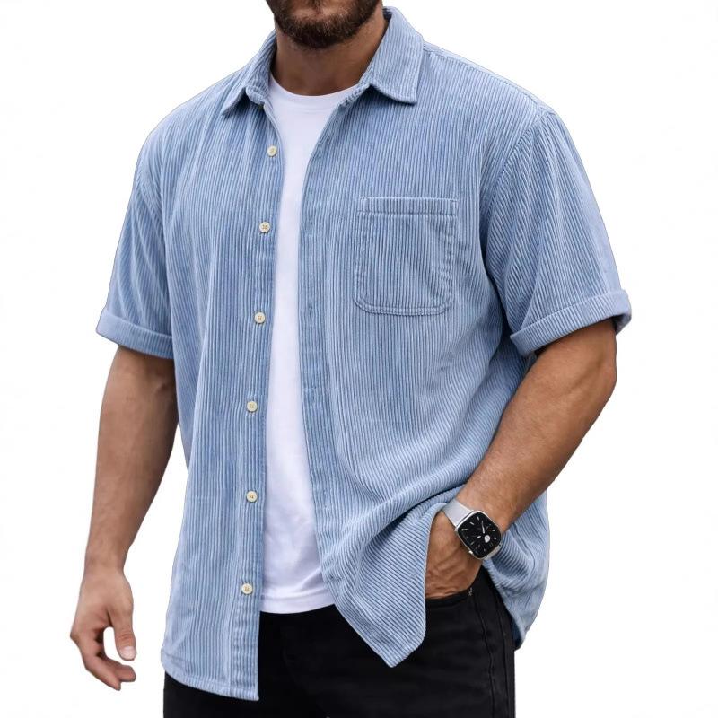 Men s Light Blue Corduroy Short Sleeve Button Down Shirt S синий