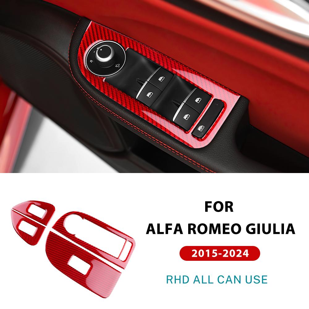 

For Alfa Romeo Giulia 2015-2024 Window Switch Lifter Panel Trim Frame Sticker Carbon FIber Car Interior Decoration Accessories RHD Red