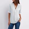 Plus Size Women Solid Color Loose Zipper V Neck Long Sleeve Chiffon Blouse Shirt