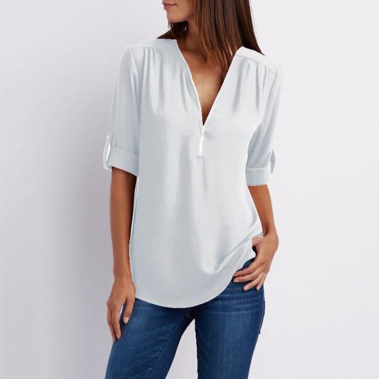 Plus Size Women Solid Color Loose Zipper V Neck Long Sleeve Chiffon Blouse Shirt