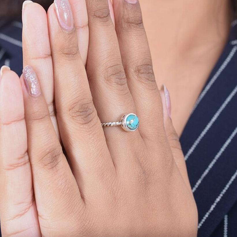 Круглое синее медно-бирюзовое кольцо-штабель, стерлинговое серебро 925 пробы, минималистичное акцентное кольцо для повседневной носки 12 серебряный