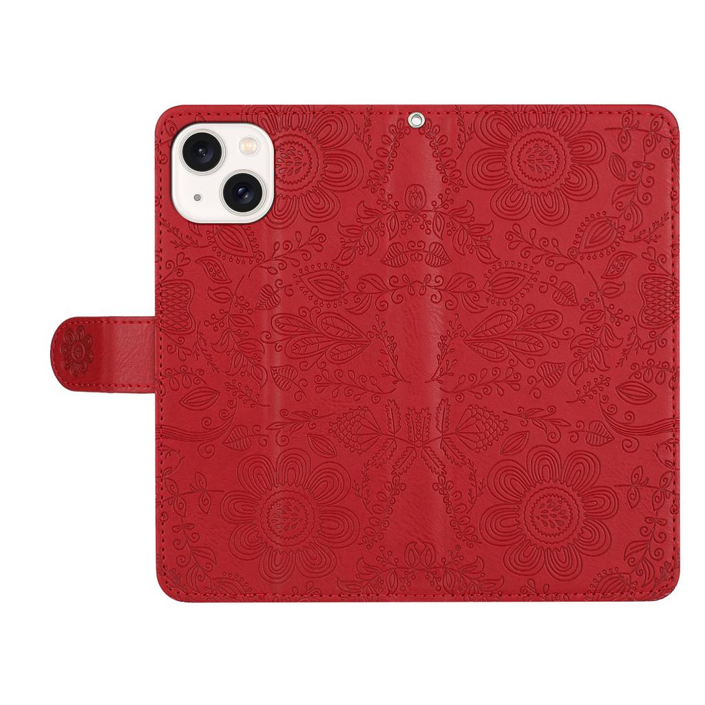 For iPhone 14/13 Case Flower Imprint Leather Flip Wallet Phone Cover with Wrist Strap