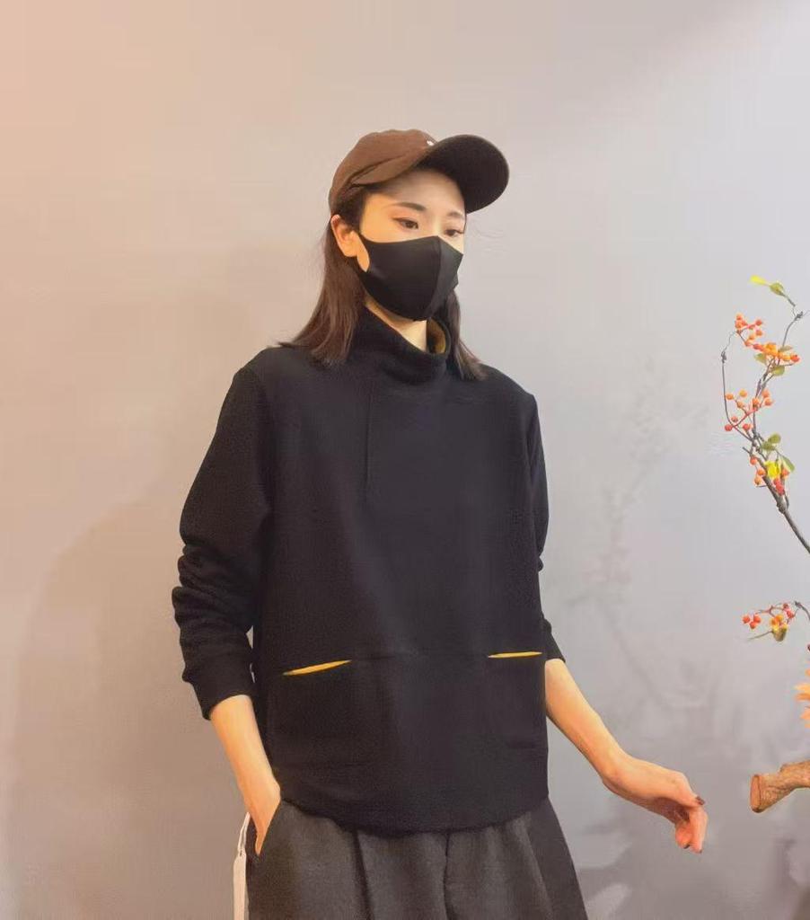 2025 Winter Velvet Color Block High Neck Warm Hoodie with Double Pockets for Women