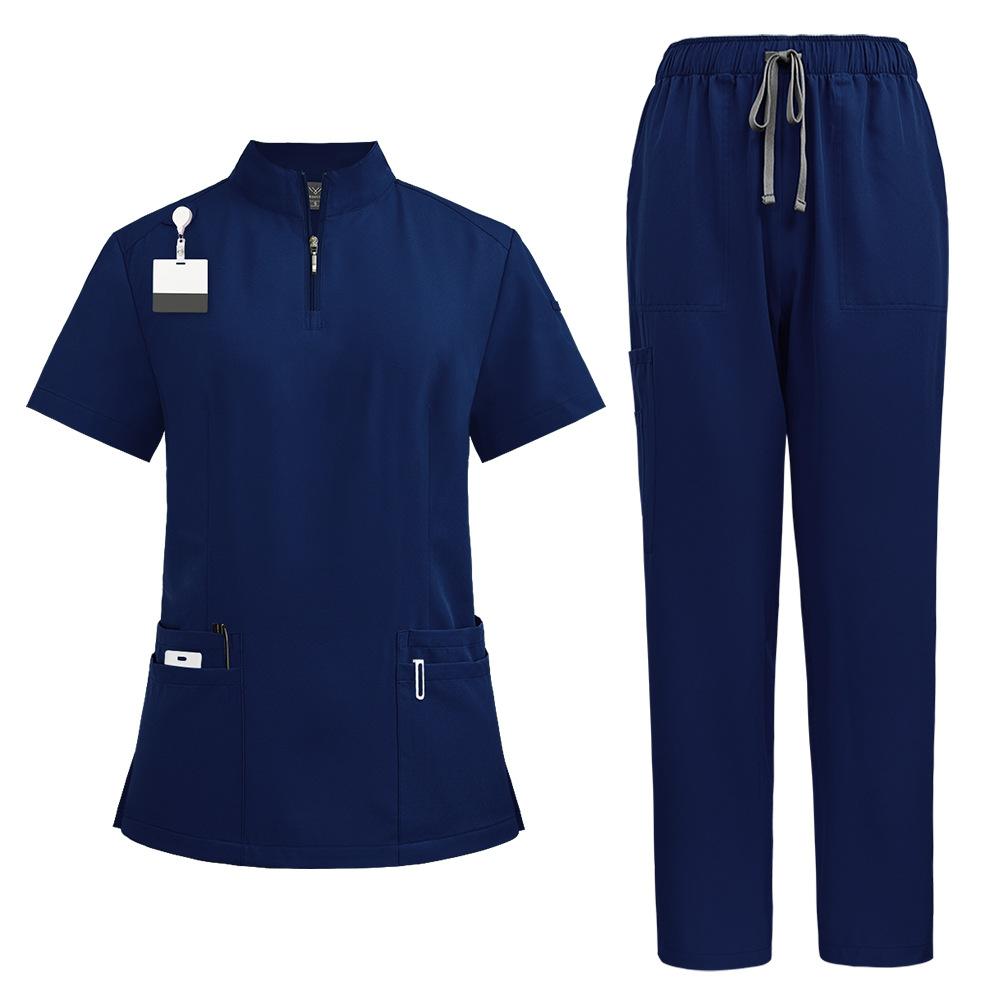 Stand-up Collar Zipper Doctor and Nurse Work Uniform Surgical Gown Straight Pants Solid Color Suit