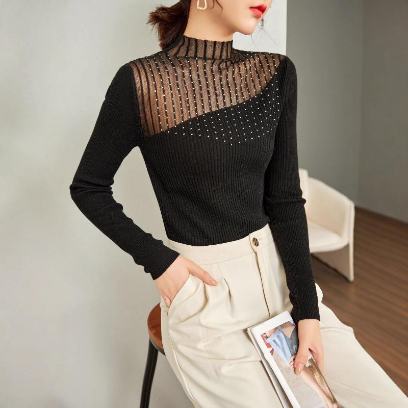 

Женская осенняя новая облегающая базовая рубашка с сетчатыми вставками и стразами, микропрозрачный трикотажный свитер из шелка и шерсти с полувысоким воротом 115 чёрный